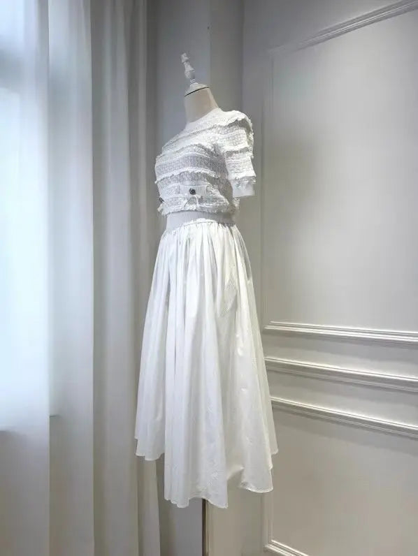 Women White Fashion Set short sleeve knit sweater tops + high waist fashion midi skirt