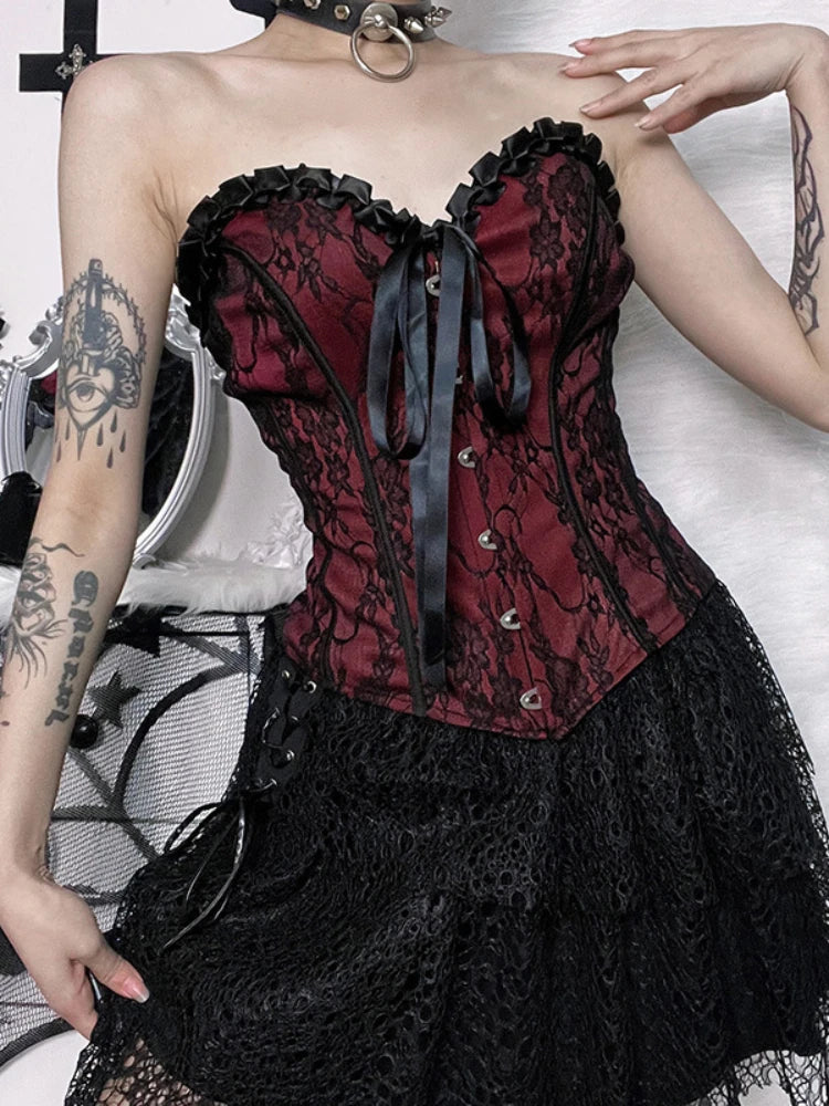 Tube Top Gothic Printed Lace Trim Sleeveless Metal Buttons Lace-up Corsets Tank Top Court Elegant Fairy Grunge Top