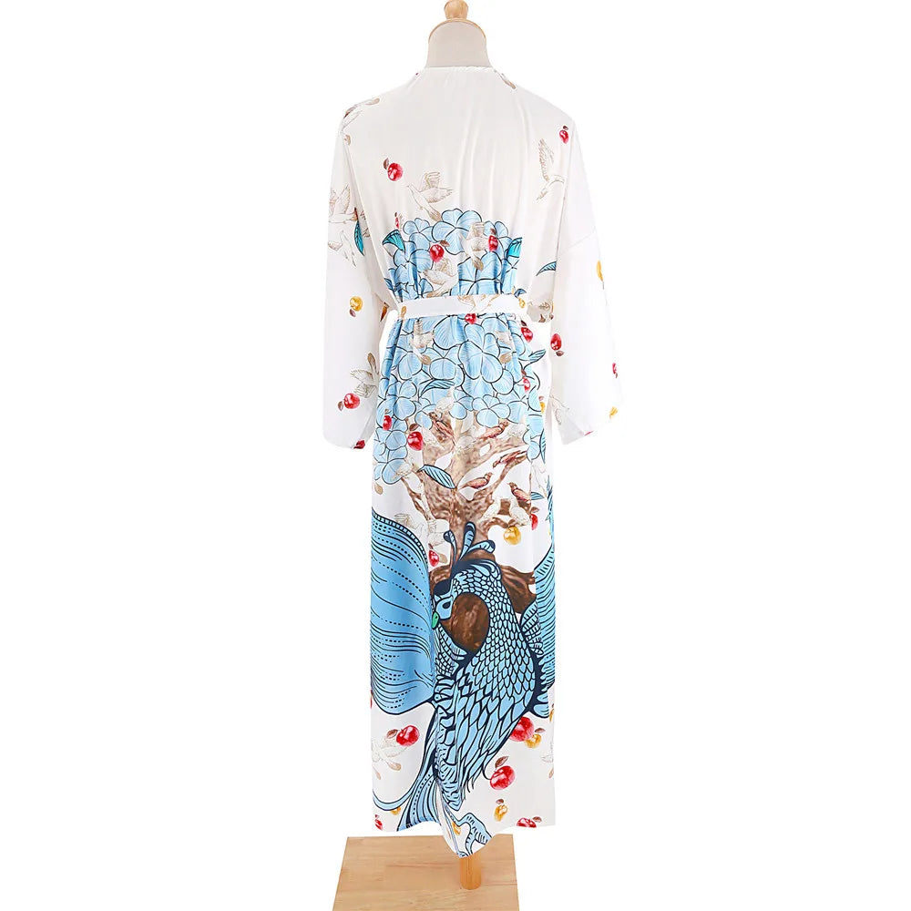 Bird Flower Print Kaftans for Woman Tunicas Femininas Beach Cover Up 2026 Summer Maxi Beach Wear Outfits Kaftan Dresses Womens