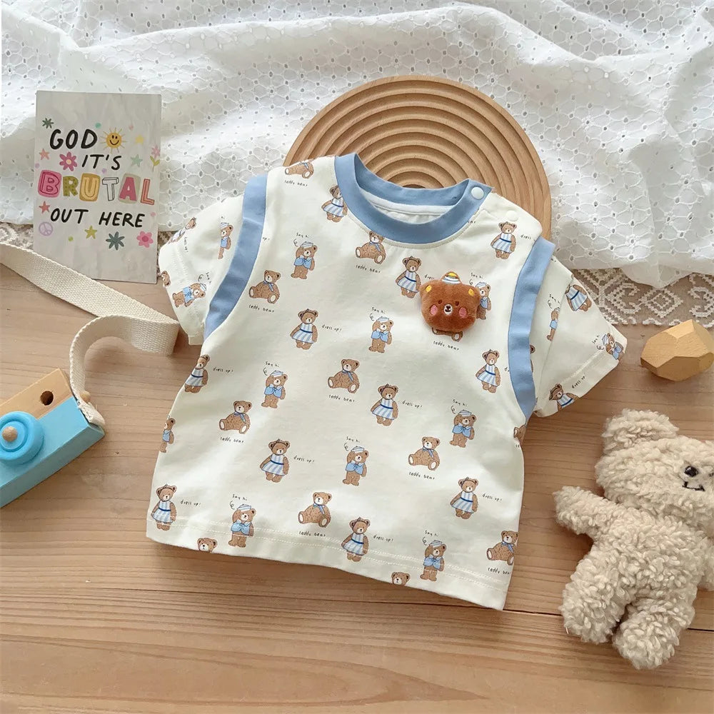 Kids Fashion: Short Sleeve Home Wear Set 2PCS , Thin Style with Cute Bear Prints, A Class Infant Clothing Set for Boys 3M-3Y