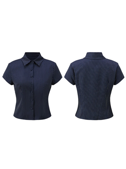 Women Button Down Slim Fit Striped Shirt Fashionable Summer Short Sleeve Turn Down Collar Tops for Casual Daily Wear