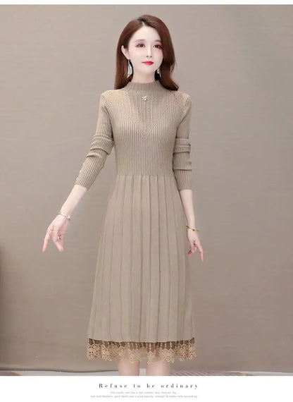 Elegant Fashion Women Dresses With Lace Trim And Knit Design For Autumn Winter