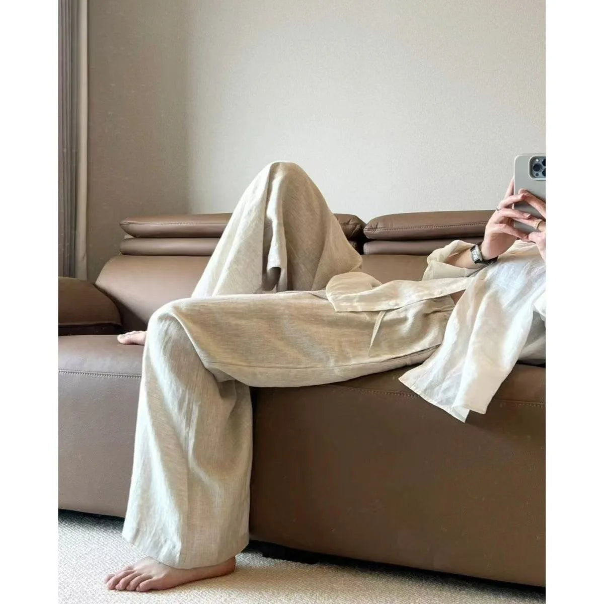 Summer High Waist Linen Pants Women Men Fashion Boho Wide Leg Palazzo Trousers Brown Casual Loose Beach Drag Pants