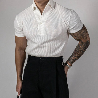Trendy Ribbed Polo Shirts For Men Sports Fitness Muscle Short Sleeve Slim Stretch Tops Casual Pure Color Lapel Polo Mens T Shirt