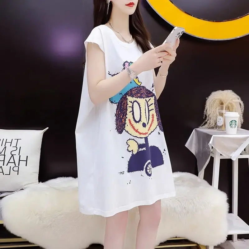 Sleeveless Vest T-shirt for Women New Summer Street Casual Solid Color Loose Print Simplicity Tops Tees Fashion Sweet Clothing