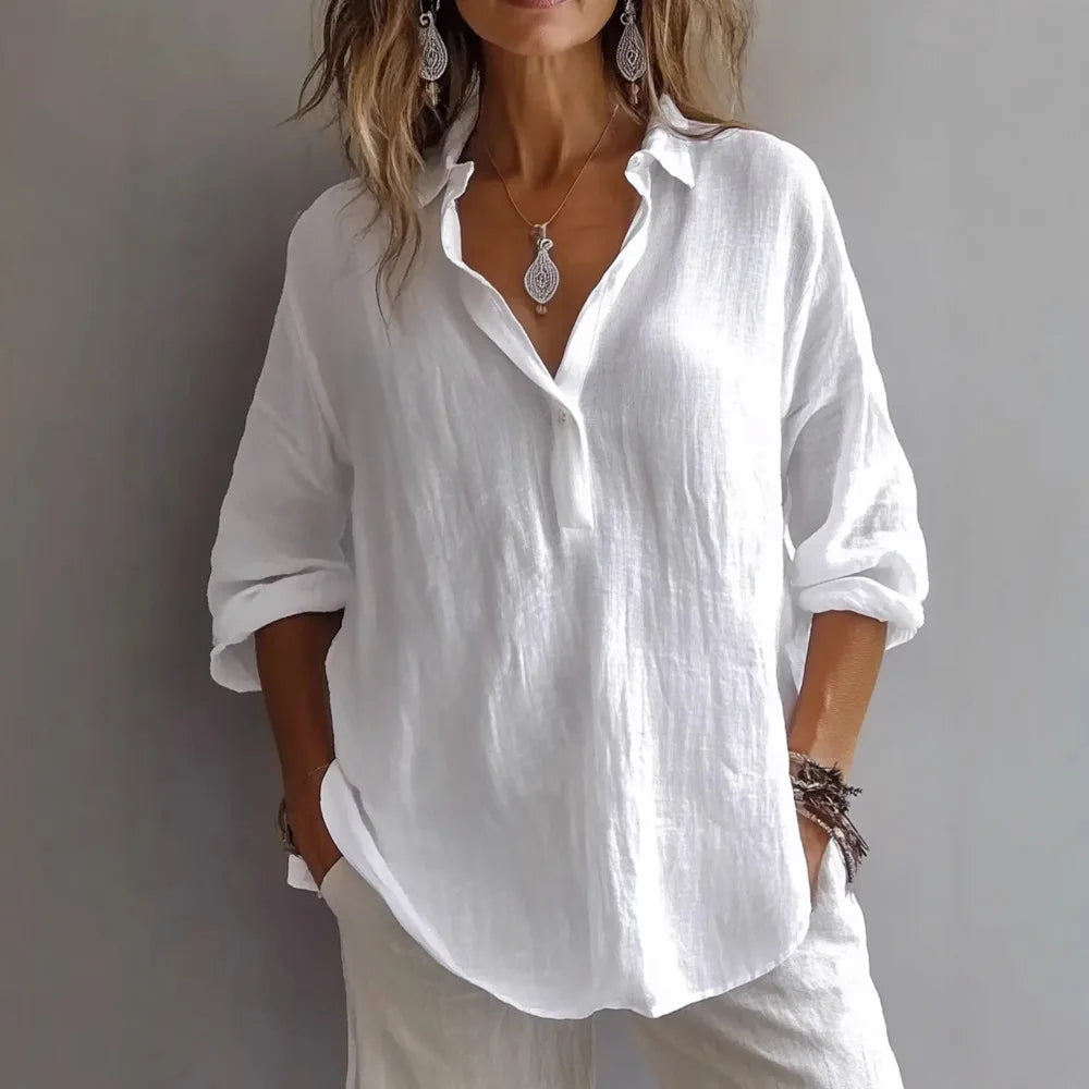 Summer Cotton Linen Blouses Women 2025 Fashion White V-neck Three Quarter Sleeve Loose Shirts Female Spring Casual Lady Clothes