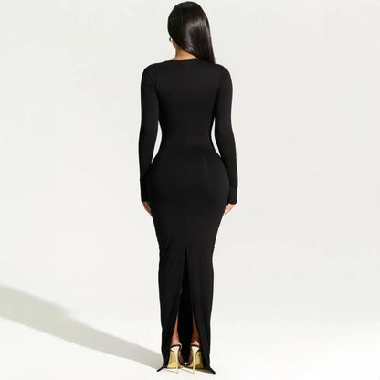2025 Autumn Women Long-sleeved Diagonal Collar Slim-fitting Party Maxi Dresses Split Dresss