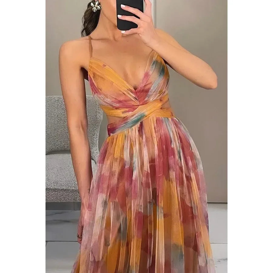Women‘s Fashion Spring Autumn New Mesh Floral Print Beautiful Party Dress ladies Halter Dress INS Holiday Casual Long Dress