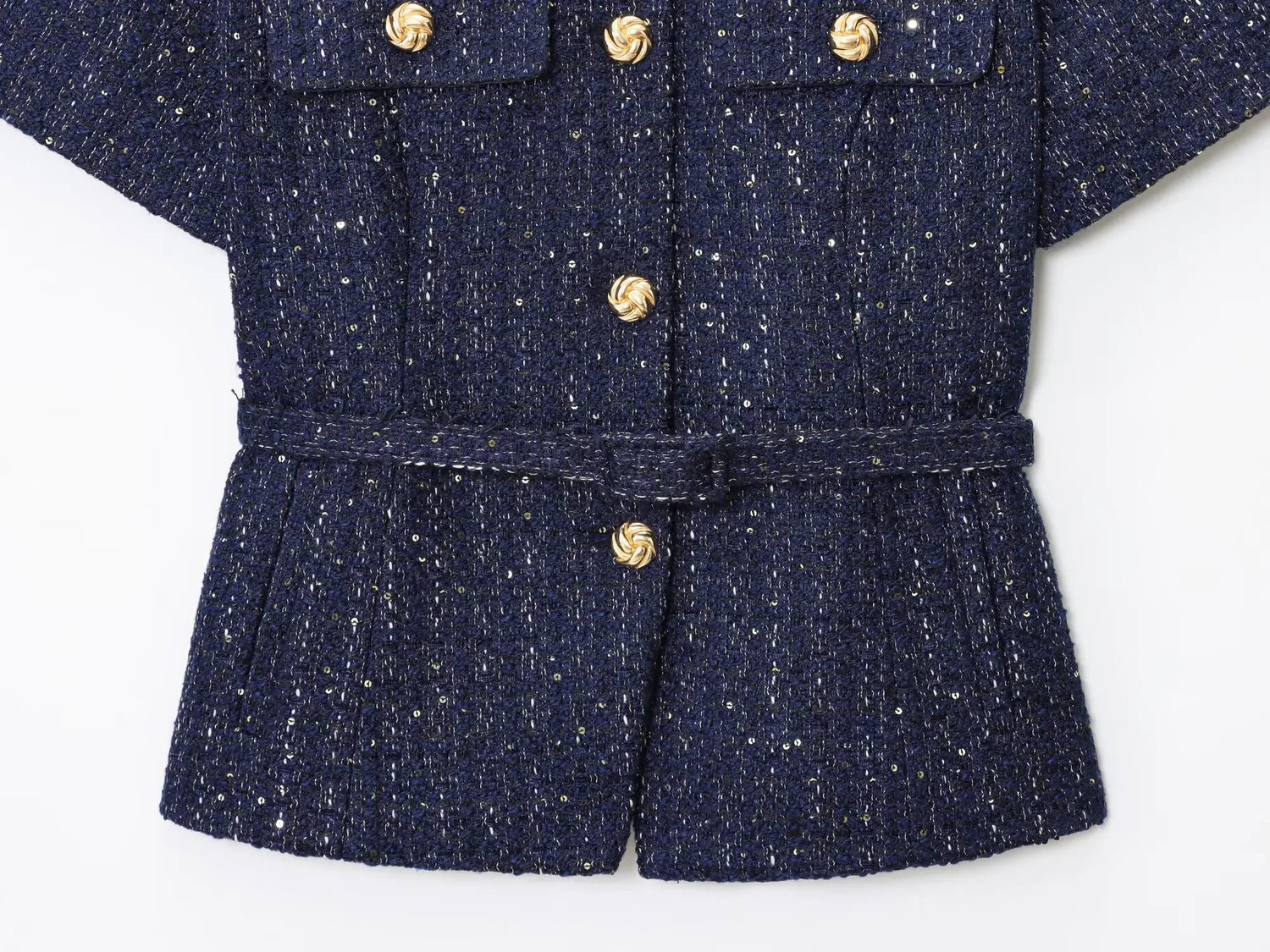 Women 2025 Fashion Blue Tweed Blazer Coat With Belt Female Short Sleeve Outerwear