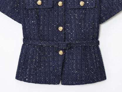 Women 2025 Fashion Blue Tweed Blazer Coat With Belt Female Short Sleeve Outerwear