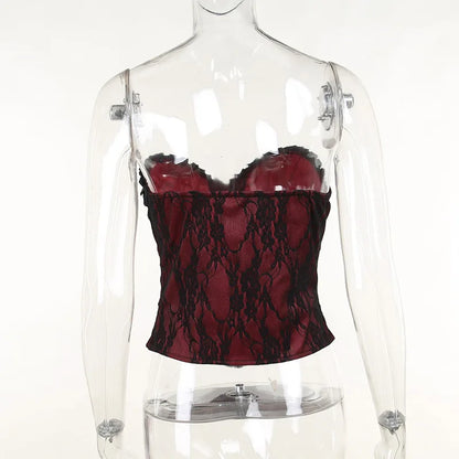 Tube Top Gothic Printed Lace Trim Sleeveless Metal Buttons Lace-up Corsets Tank Top Court Elegant Fairy Grunge Top