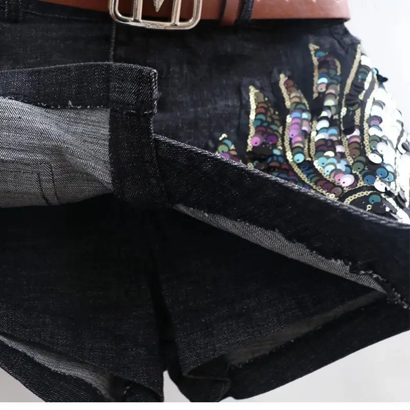 Fashion Sequin Denim Short Skirt Women Spring/Summer 2025 New Korean High Waist Slim Irregular Sexy Hot Pants White Black Casual