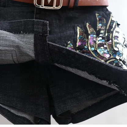 Fashion Sequin Denim Short Skirt Women Spring/Summer 2025 New Korean High Waist Slim Irregular Sexy Hot Pants White Black Casual