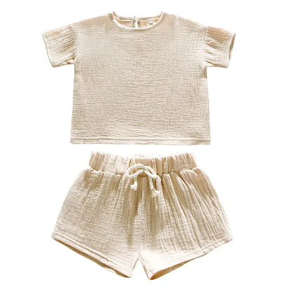 Casual Children Clothing Boys Outfit Set Solid Color Cotton Linen Short Sleeve Tops Shorts 2 PCS Summer Kids Clothing 1-7 Years