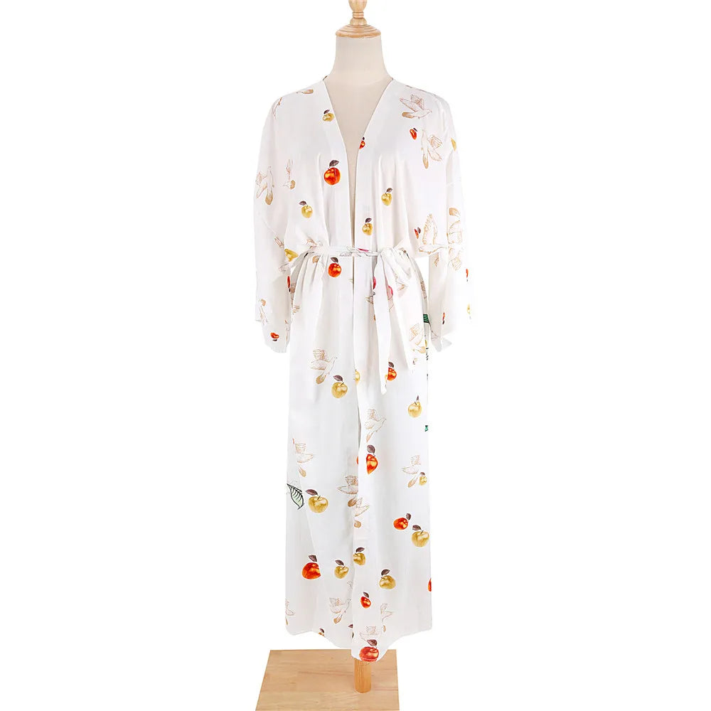 Bird Flower Print Kaftans for Woman Tunicas Femininas Beach Cover Up 2026 Summer Maxi Beach Wear Outfits Kaftan Dresses Womens