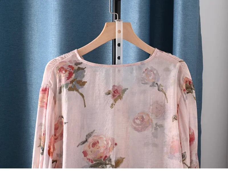 2026 Autumn clothes woman French fashion v neck rose floral print shirts and blouses for women vintage ladies tops