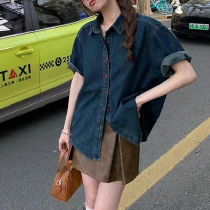 Women k Blue Denim Short Sleeve Shirt Oversized Button Down Loose Fit Casual Streetwear Top