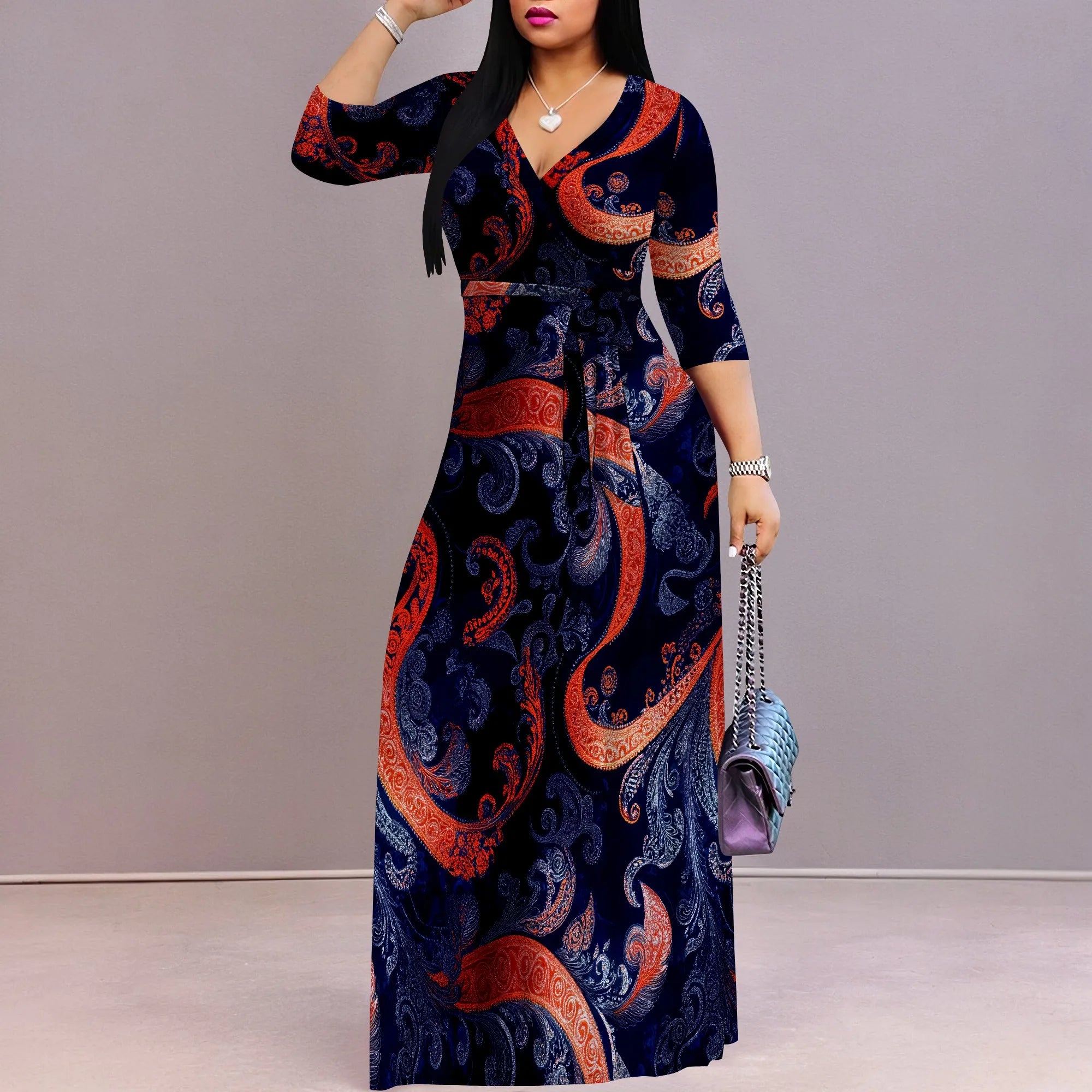 Plus Size Dresses for Women Print Maxi Dresses Flowy 3/4 Sleeve with Belt