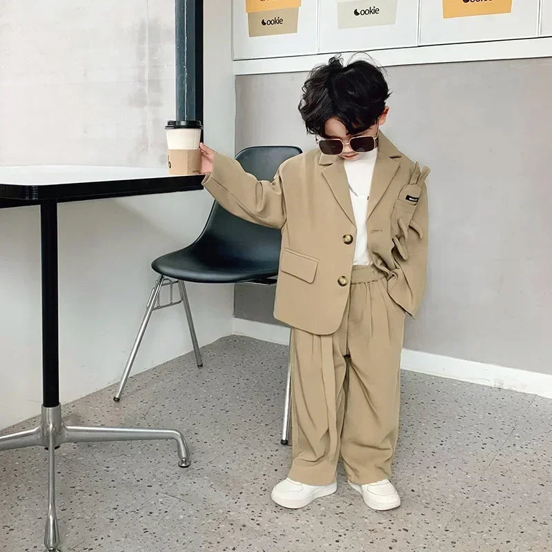 Kids Suits Fashion Casual Blazers Wide-legged Trousers 2 Piece Girls Clothes Set Khaki Loose Children Wedding Birthday Costumes