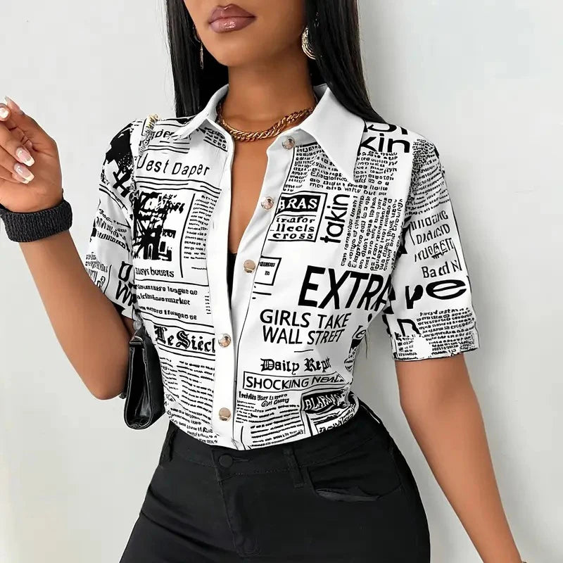 Summer Fashion Button Slim Fit Shirt Women Elegant Short Sleeve Single Breasted Letter Printed Blouses For Women Tops