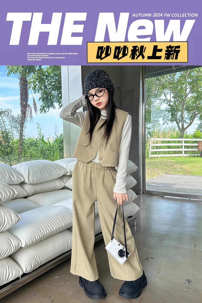 Design junior girls clothes set Round neck vest+cotton t-shirt+Wide leg pants 3pcs teenage kids clothing suit chidren outfits 14