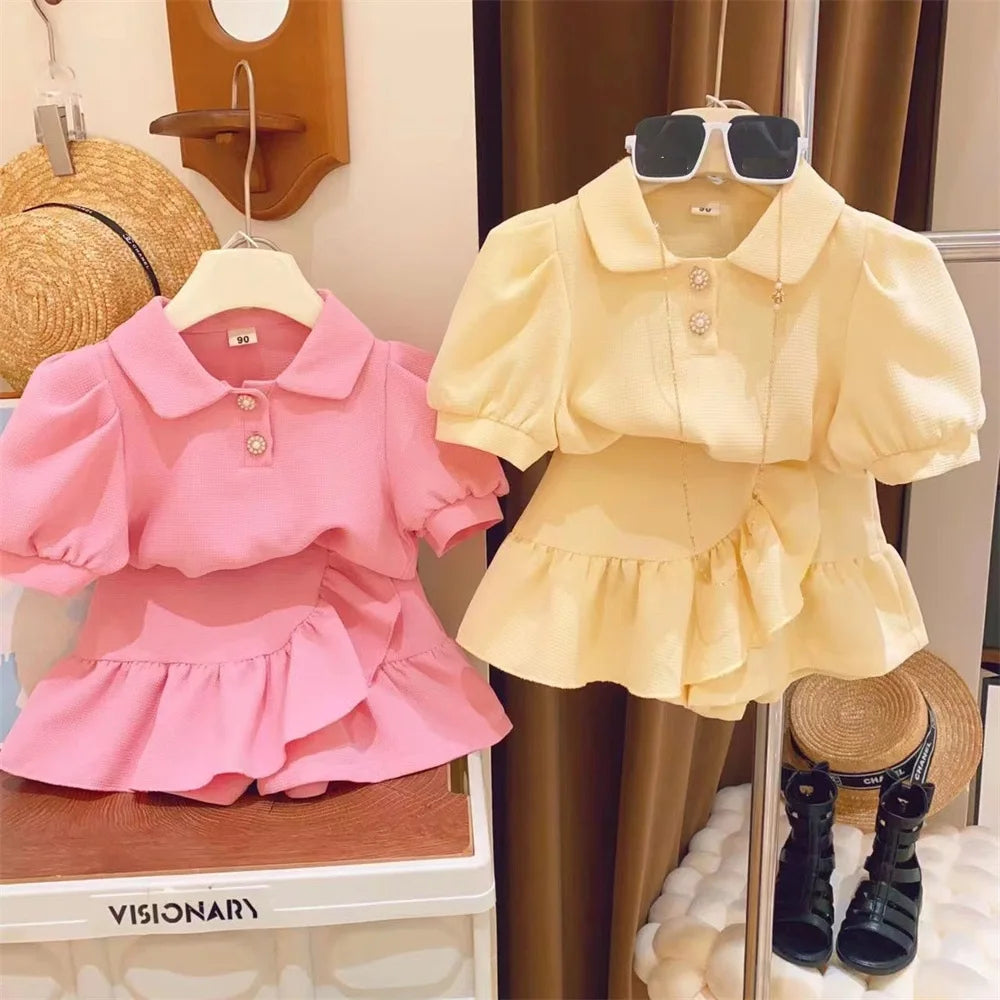 new summer girl clothes 2pc/set  top shirt+ skirt  children baby kids students fashion 90-140 3-8year fashion lovely solid