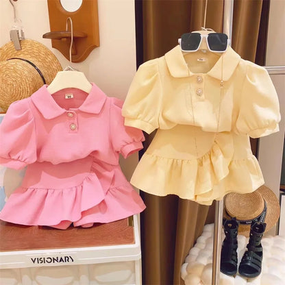 new summer girl clothes 2pc/set  top shirt+ skirt  children baby kids students fashion 90-140 3-8year fashion lovely solid