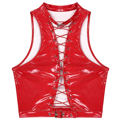 Mens Sleeveless Crop Top for Men Gothic Punk Clubwear Wet Look Patent Leather Vest Tops Hollow Out Eyelet Lace-Up Sleeveless Top