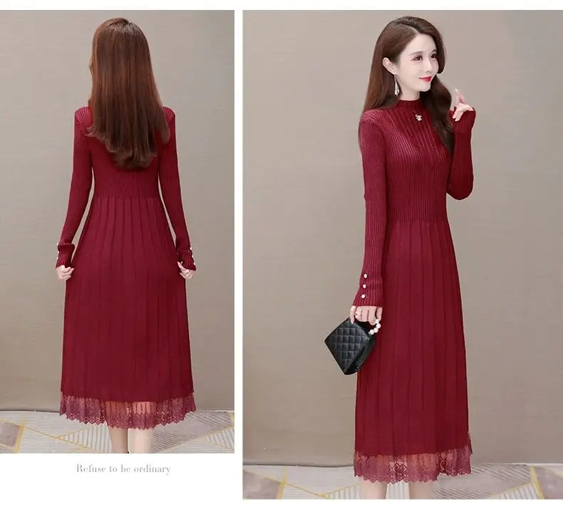 Elegant Fashion Women Dresses With Lace Trim And Knit Design For Autumn Winter