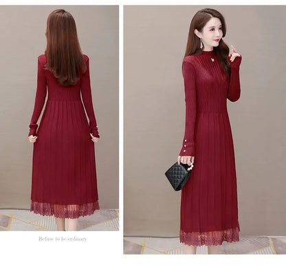 Elegant Fashion Women Dresses With Lace Trim And Knit Design For Autumn Winter