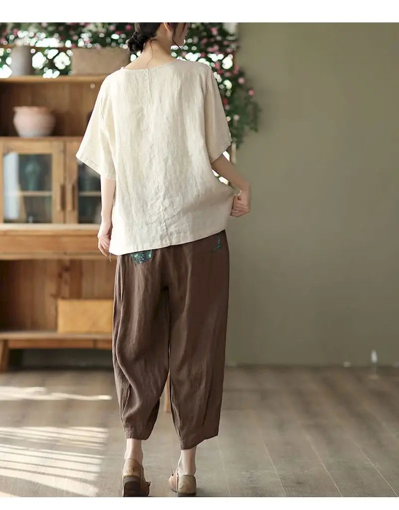 Cotton Linen T Shirts Women Fashion Vintage Art Printed T-shirt Casual Loose O-neck Short Sleeve Tops Summer Trend Thin Tshirt