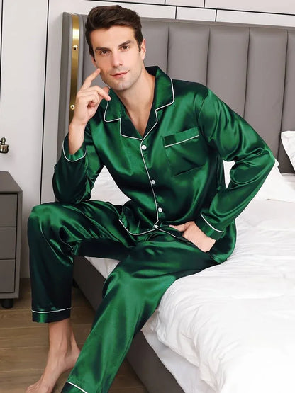 Men Sleepwear Satin Pajama Sets Long Sleeve Tops with Trousers Pajama Pj Sets Soft and Comfortable Autumn Pajamas Loungewear Set