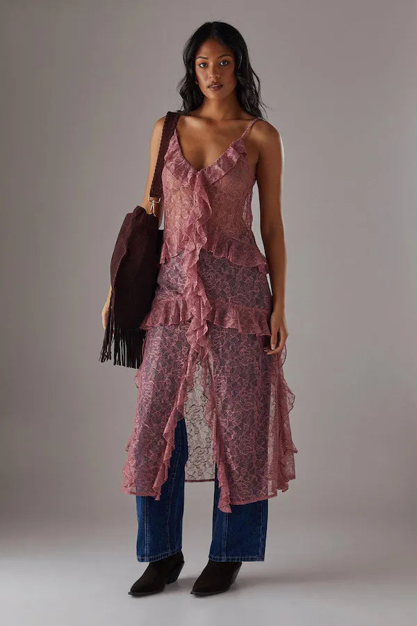 Women Lace Camisole, Sleeveless Tops V-neck Slit Ruffled Summer Long Sheer Tops Clubwear