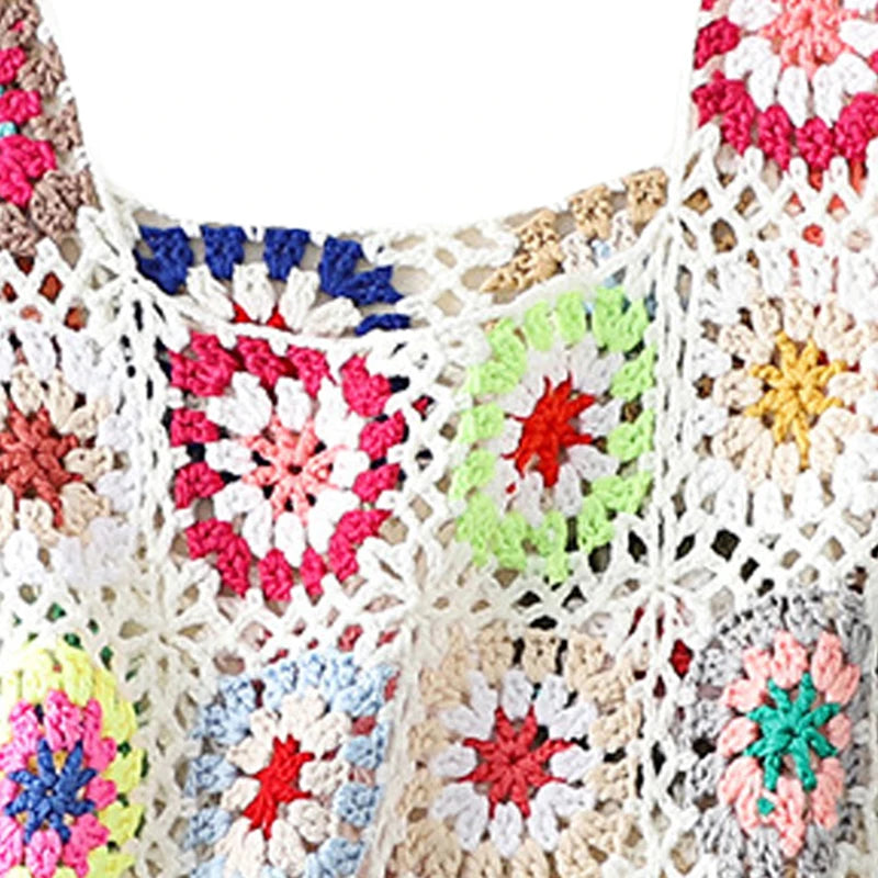 Women´s Summer Sleeveless Tops Colorful Hand Crochet Embroidery Openwork Knit Tank Tops