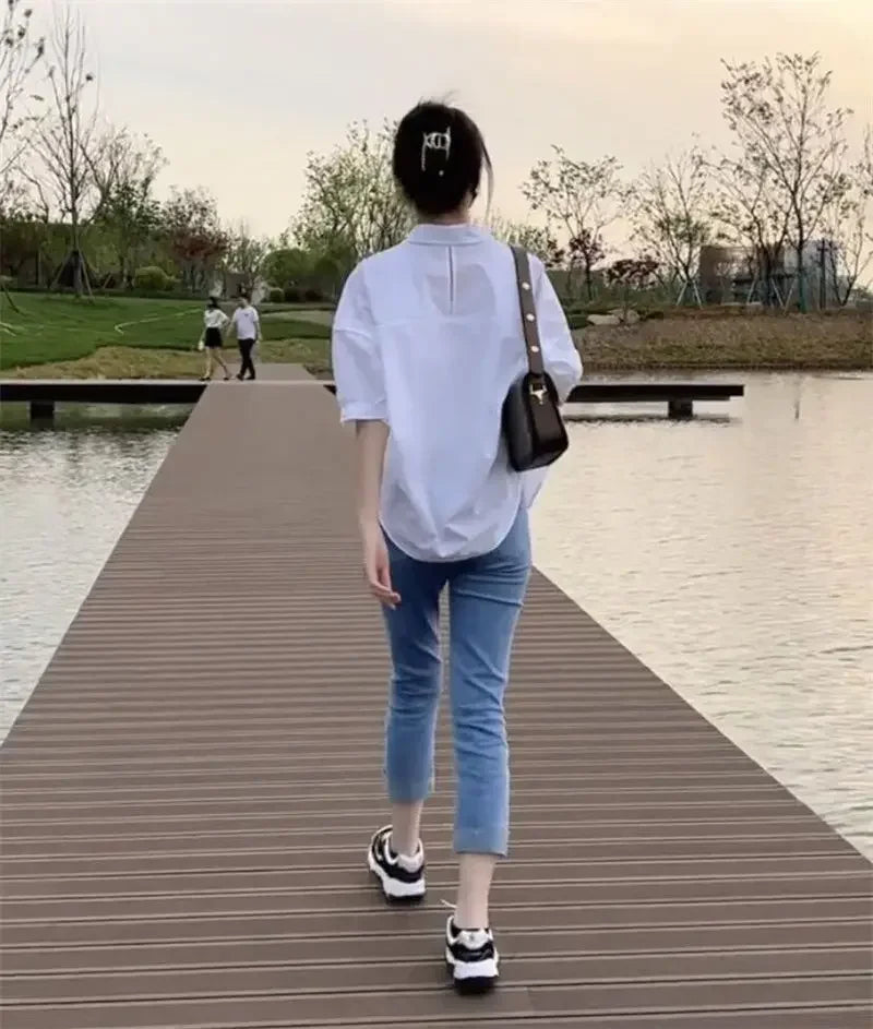 Women Blouses Elegant Streetwear Office Casual Loose Button Up White Blue Long Sleeve Vintage Oversize Shirt Tops