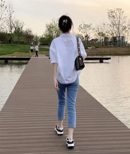 Women Blouses Elegant Streetwear Office Casual Loose Button Up White Blue Long Sleeve Vintage Oversize Shirt Tops