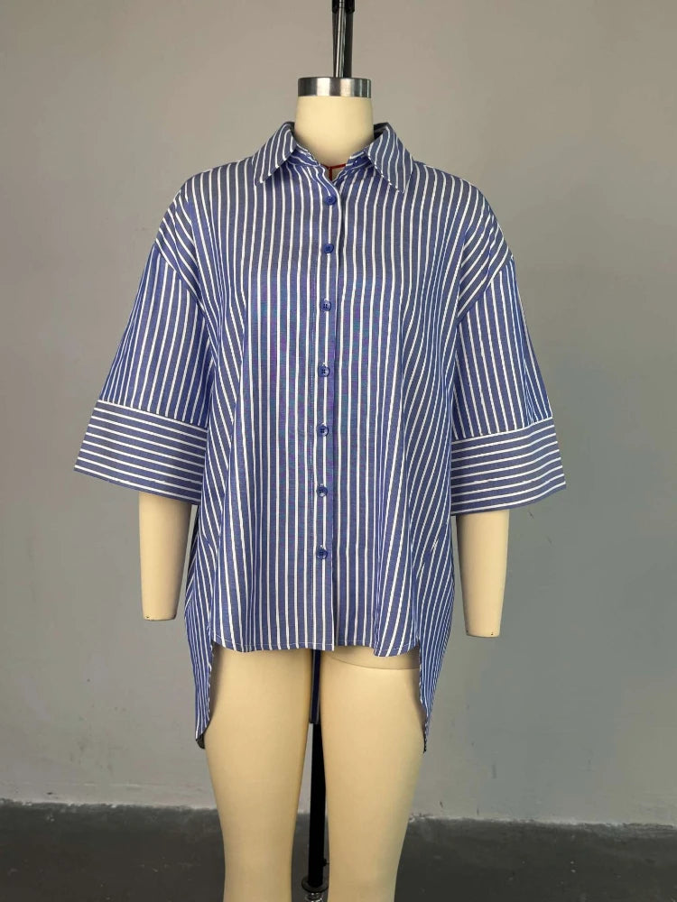 Striped Oversized Button Down Shirts for Women with Wide Three Quarter Sleeve and High Low Hem for Casual Office or Weekend Wear