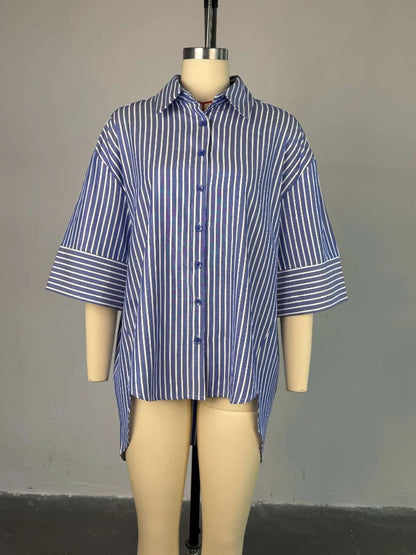 Striped Oversized Button Down Shirts for Women with Wide Three Quarter Sleeve and High Low Hem for Casual Office or Weekend Wear