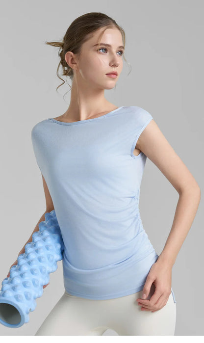 Sleeveless Pleated Cover Shirt with Drawstring, Tight Waist, High-end Feeling, Breathable and Slimming Sports T-shirt