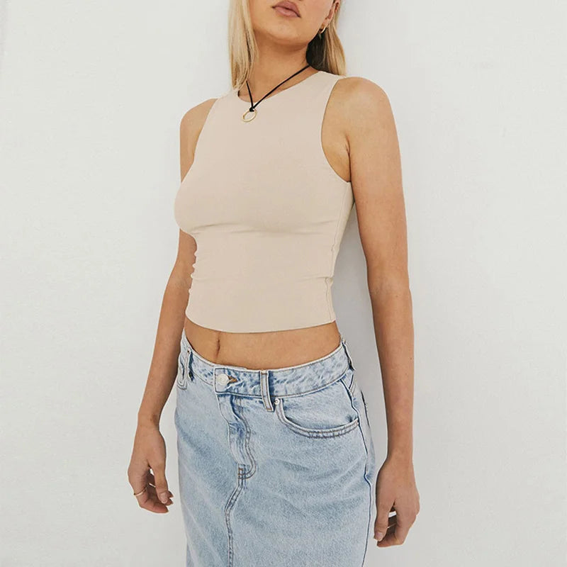 Sleeveless tight bottom shirt, round neck I-shaped solid color top, casual vest