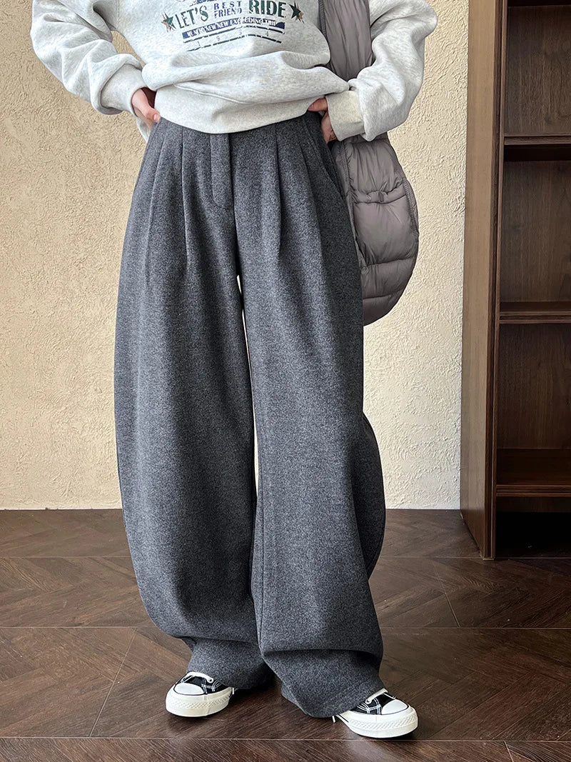 2025 Women Winter Autumn Thick Pants High Waist Wide Leg Warm Woolen Pants Fashion Clothes Vintage Pants Female Trousers