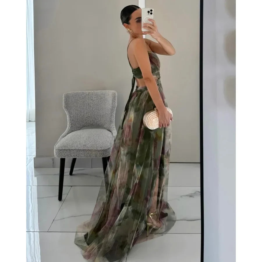 Women‘s Fashion Spring Autumn New Mesh Floral Print Beautiful Party Dress ladies Halter Dress INS Holiday Casual Long Dress