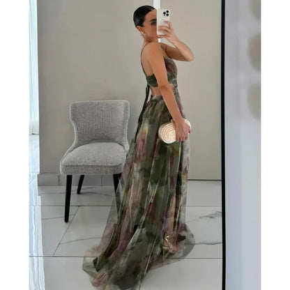 Women‘s Fashion Spring Autumn New Mesh Floral Print Beautiful Party Dress ladies Halter Dress INS Holiday Casual Long Dress