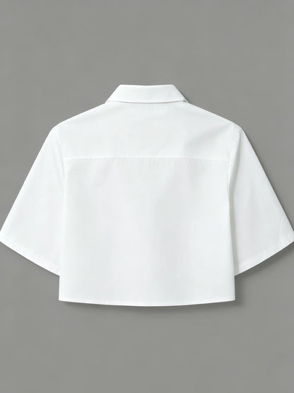 Cropped Button Down Shirt for Women Short Sleeve Collared Blouse with Flap Pockets Casual Office Streetwear Summer Crop Top