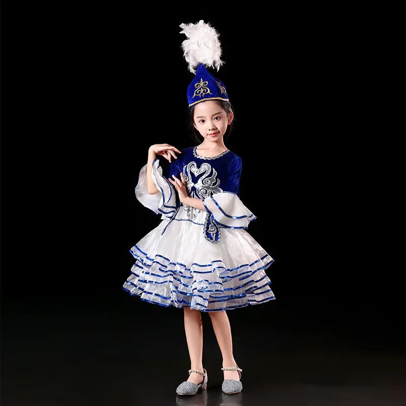 Kazakhstan Dance Costumes For Girls National Clothes Kids Halloween Carnival Clothing Stage Performance Clothing (Hat+Clothes)