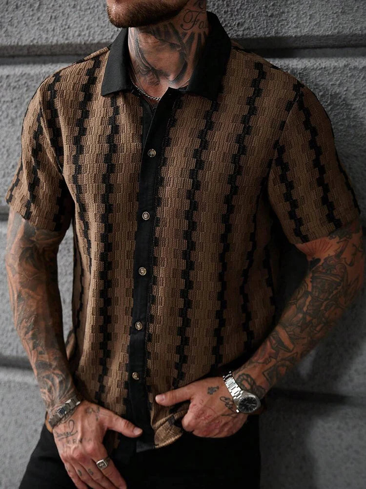 Classic Plaid Striped Knitting Shirt Short Sleeve Buttoned Turn-down Collar Mens Shirts Summer Vintage Slim Fit Knitted Cardigan