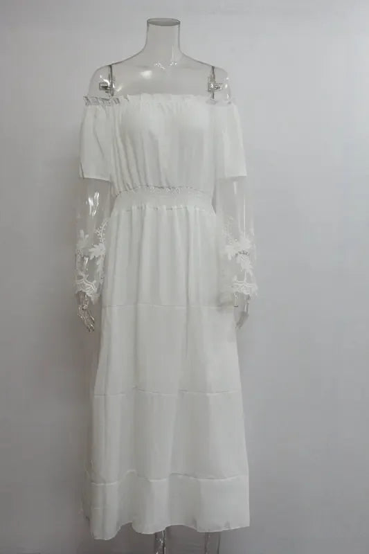 Sundress Swing Dress Women Elegant Long Sleeve Drawstring Slash Neck Lace Pleated Ruffle Loose Vacation Party Dresses Vestidos