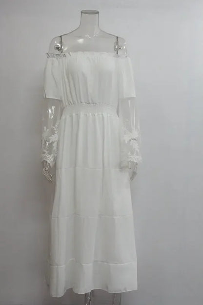 Sundress Swing Dress Women Elegant Long Sleeve Drawstring Slash Neck Lace Pleated Ruffle Loose Vacation Party Dresses Vestidos