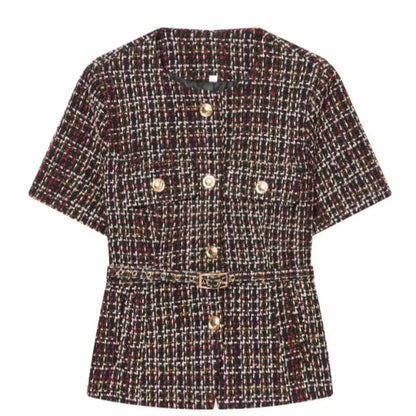 Women 2025 Fashion Blue Tweed Blazer Coat With Belt Female Short Sleeve Outerwear