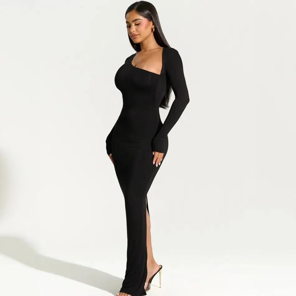 2025 Autumn Women Long-sleeved Diagonal Collar Slim-fitting Party Maxi Dresses Split Dresss